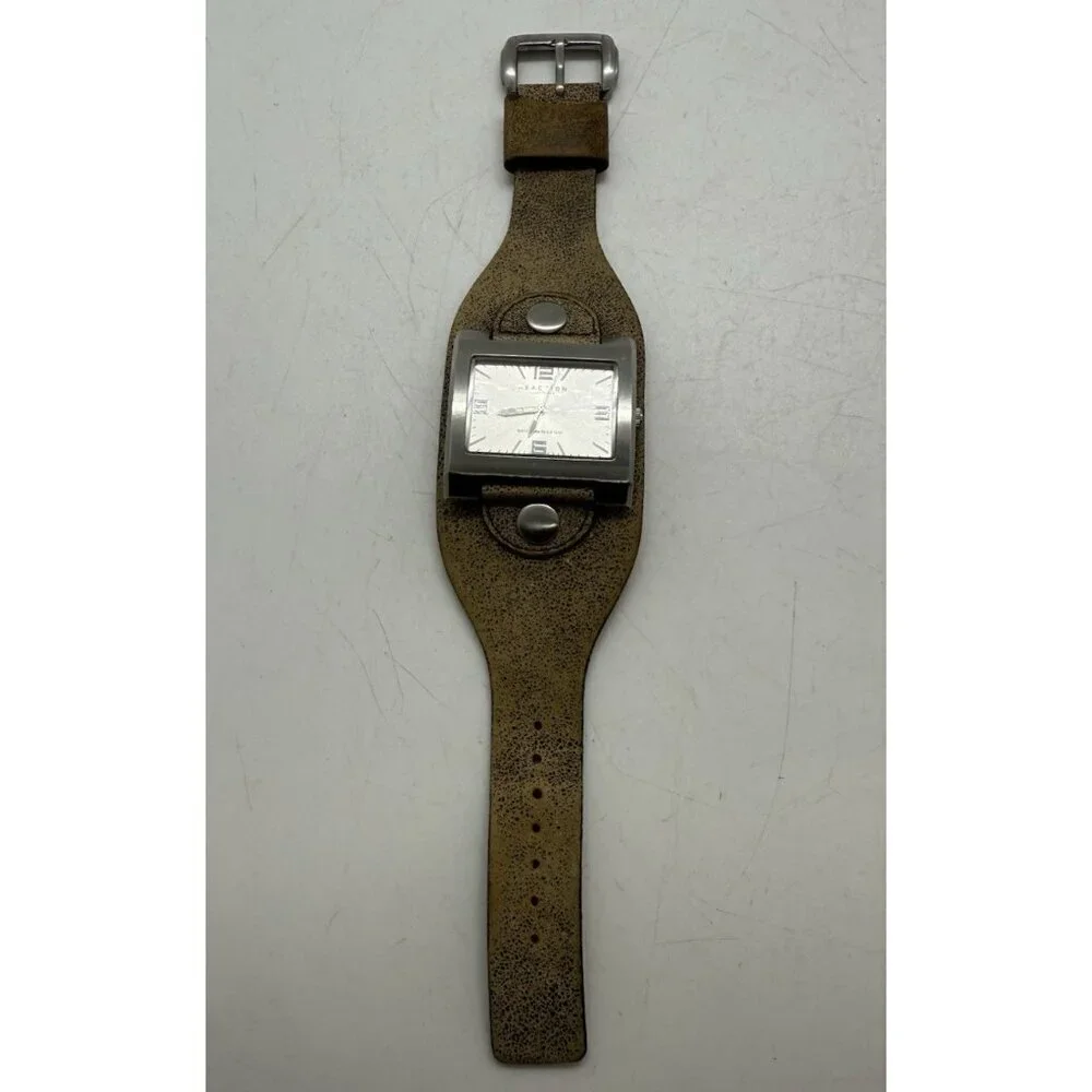 Reaction Kenneth Cole Watch Women's Silver Tone Rectangle Leather Wide Cuff Band